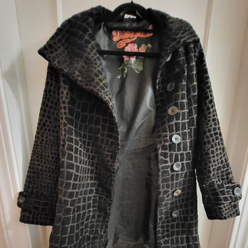 Desigual Black & Brown Textured Faux Croc Button-Down Midi Coat - Size 36